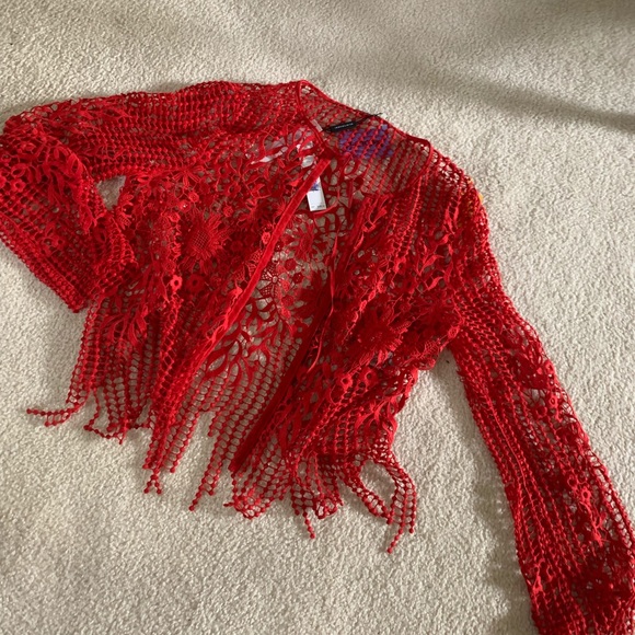 NWT, Elie Tahari Red Floral Crochet Silas Jacket - Picture 3 of 4